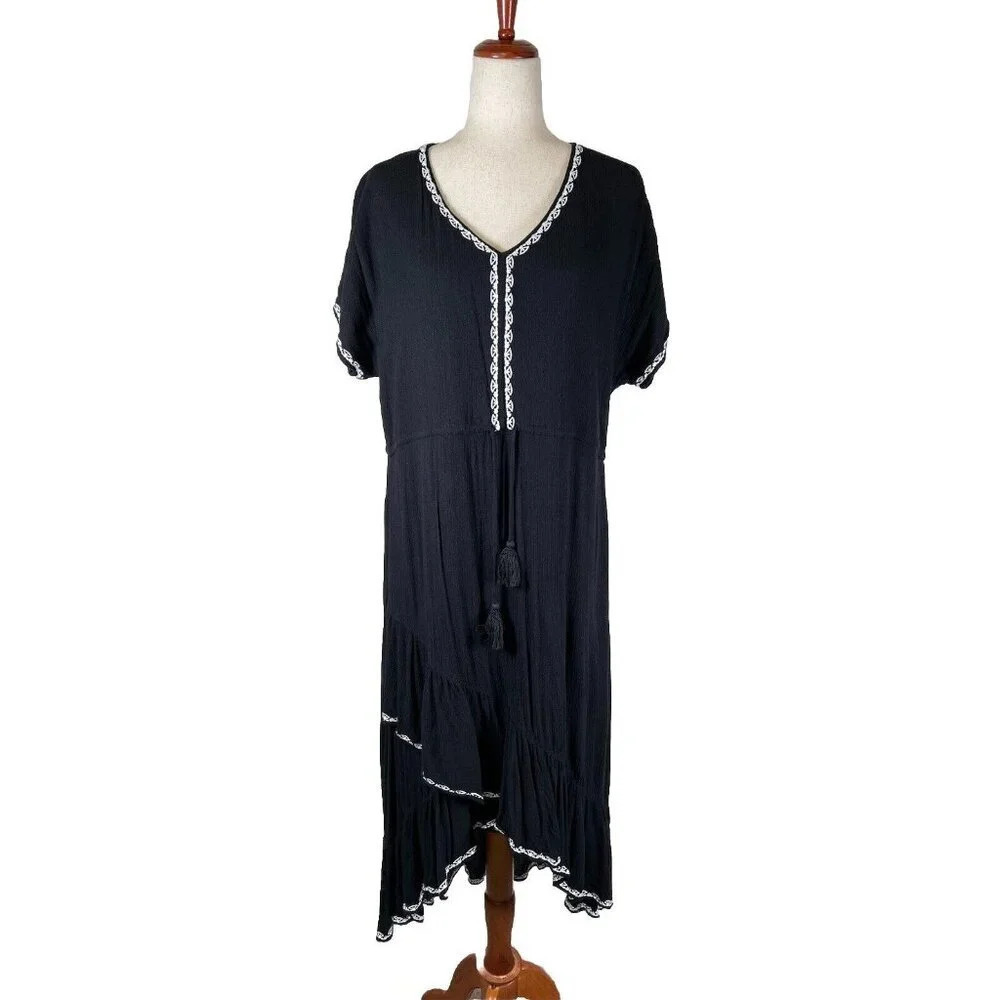 Tommy Bahama Black Tiered Midi Dress Size Medium Beach Coverup Asymmetrical Hem